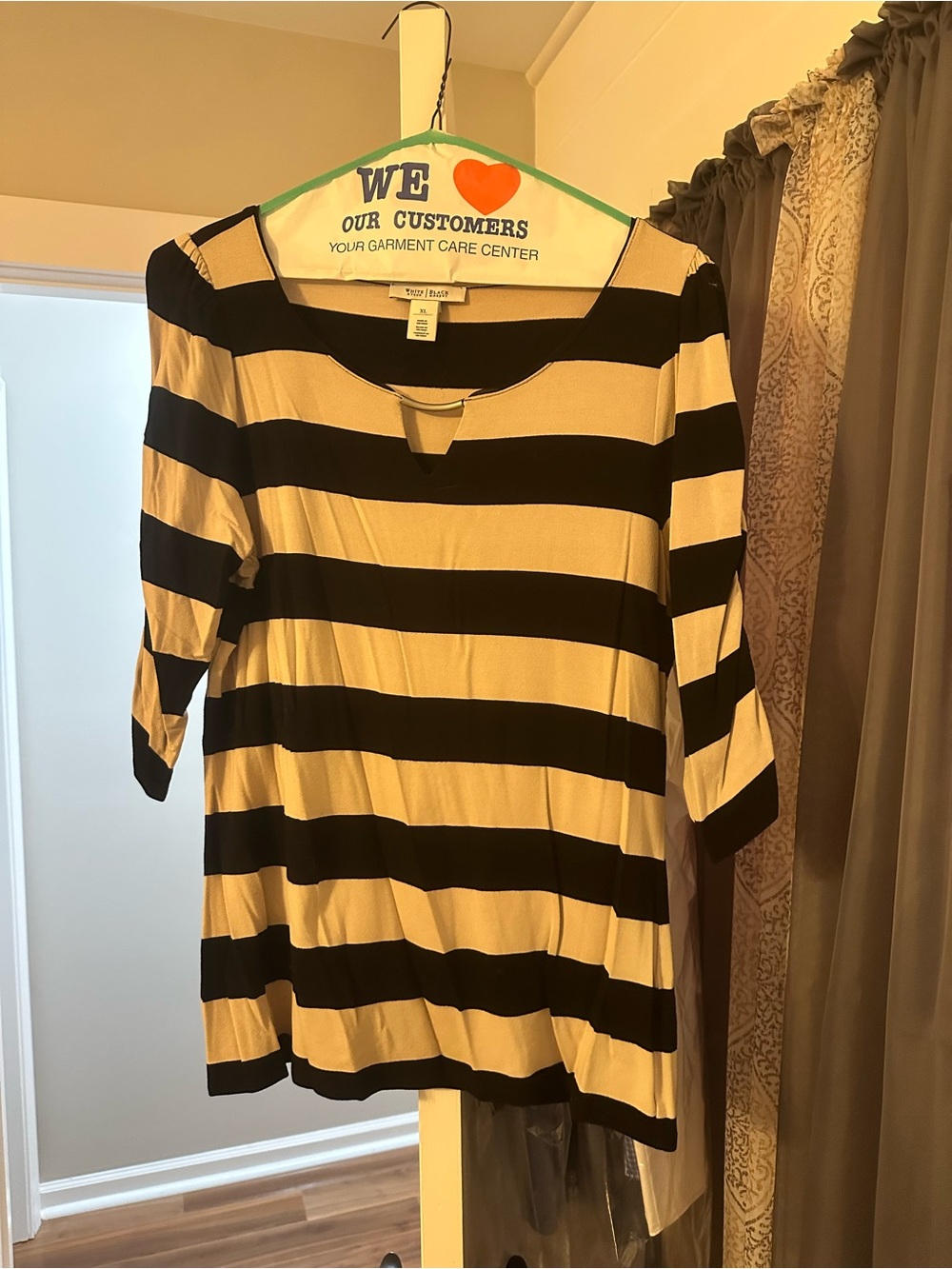 White House Black Market Black and Tan Striped Scoop Neck Tunic